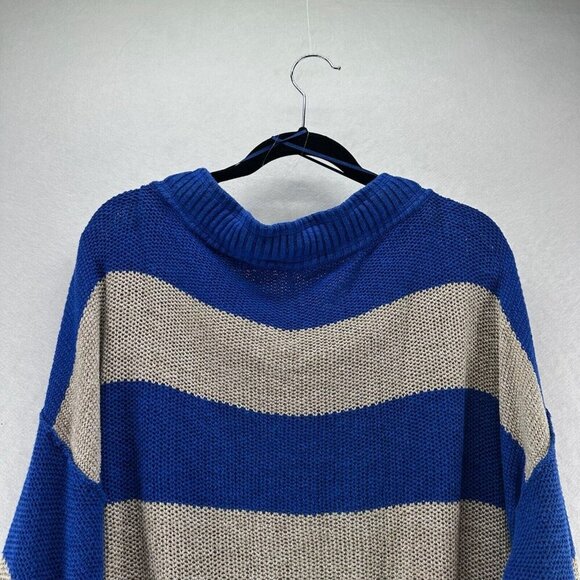 Free People Sweater Size L Cassidy Off The Shoulder Striped Tie Neck Tunic Blue - Picture 5 of 11